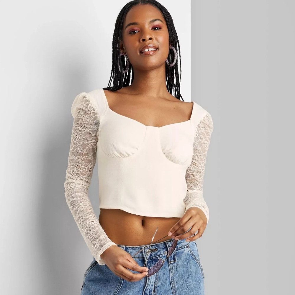 Wild Fable Off White Cropped Long Sleeve Lace Top Size Medium - Picture 1 of 9